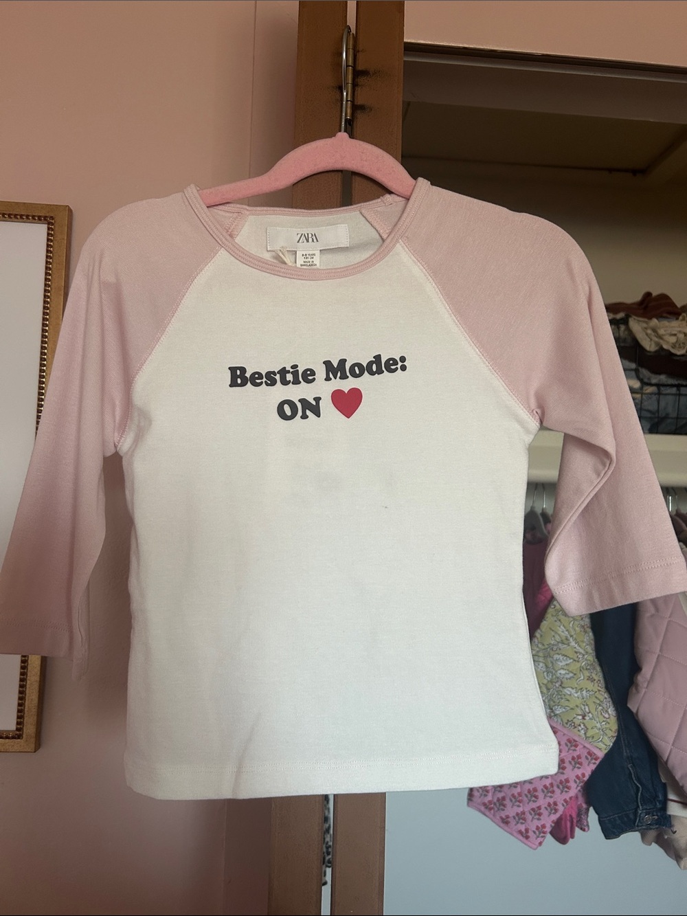 Zara Pink & White Raglan 'Bestie Mode: ON' Tee